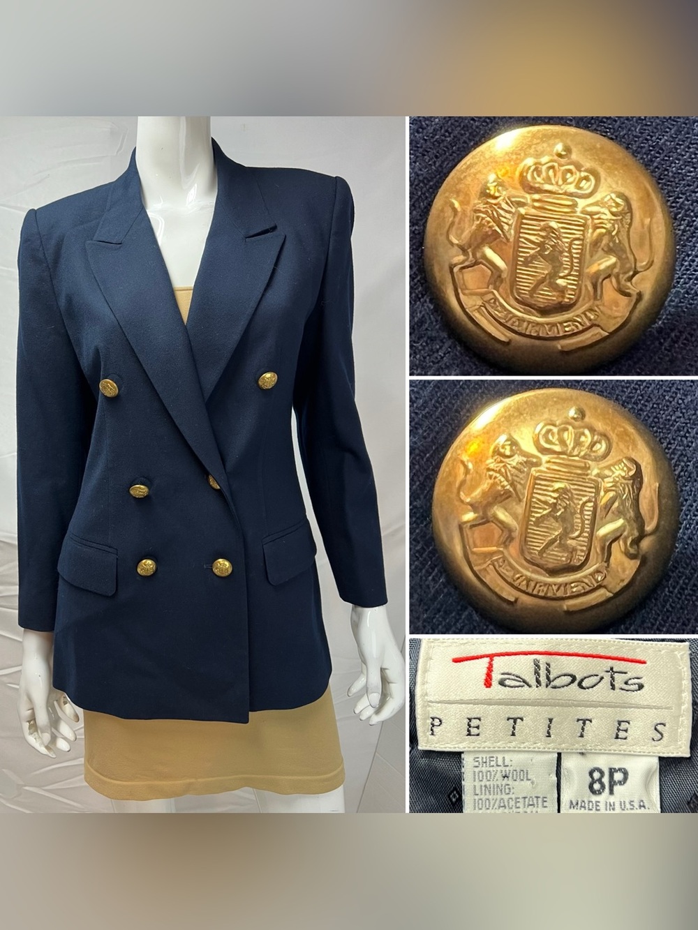 Vintage Talbots 8P Petites Navy Wool Gold Button Double Breasted Blazer Jacket
